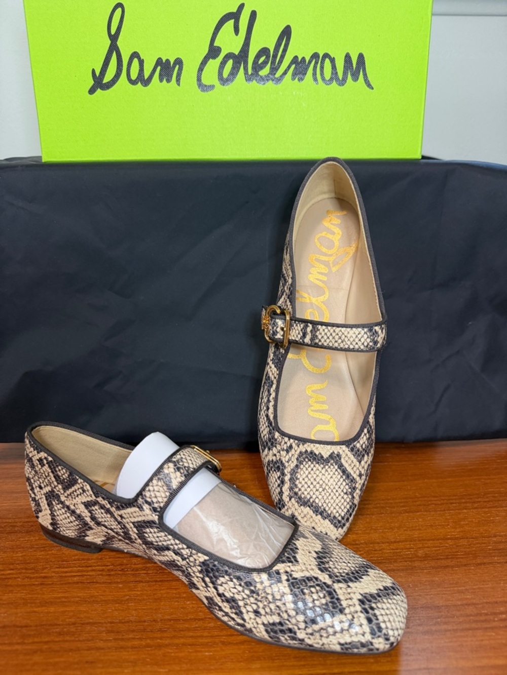Sam Edelman Beige and Black Snake-Print Mary Jane Flats